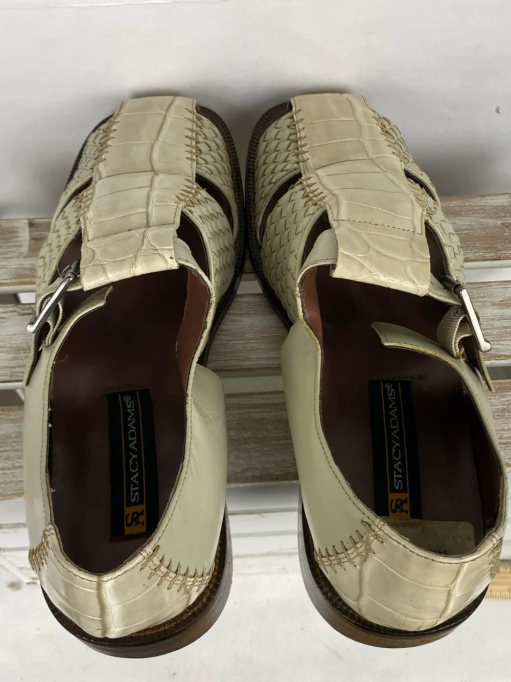 Stacy Adams men white woven fisherman sandals crocodile-print leather upper 10M